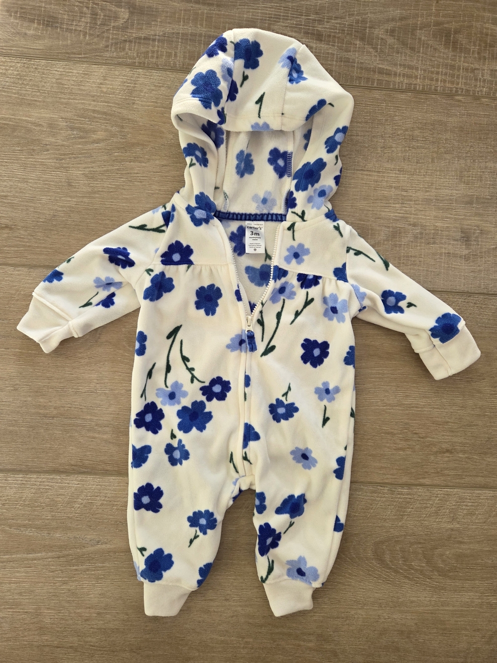 Carter's White Hooded Floral Zip One-Piece with Blue Flowers